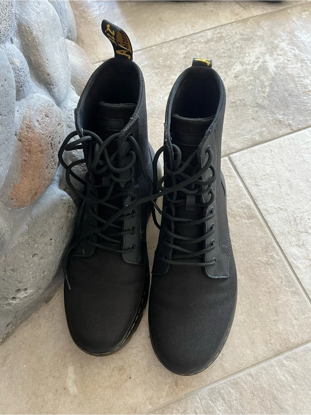 Dr. Martens Black Canvas & Rubber Lace-Up Combat Boot with Yellow Stitching
